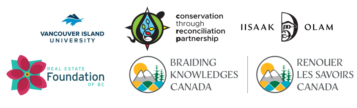 A logo banner displaying logos for Vancouver Island University, Conservation through Reconcilation Partnership, IISAAK OLAM Foundation, Real Estate Foundation of BC, and Braiding Knowledges Canada.